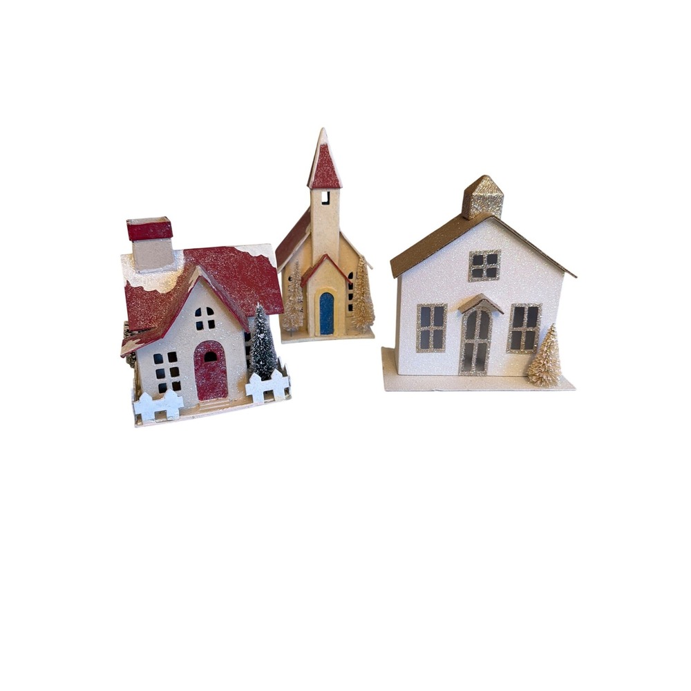 Christmas Village Houses Red White Glitter Paper Set of 3 Decor